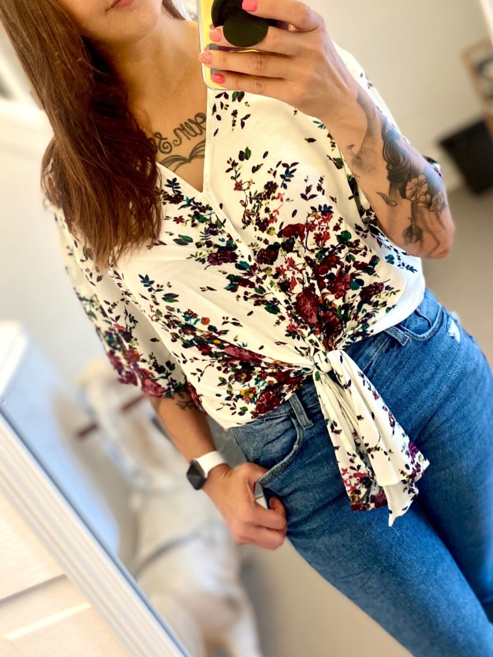 LUQ Floral v-neck Tie-Front Blouse